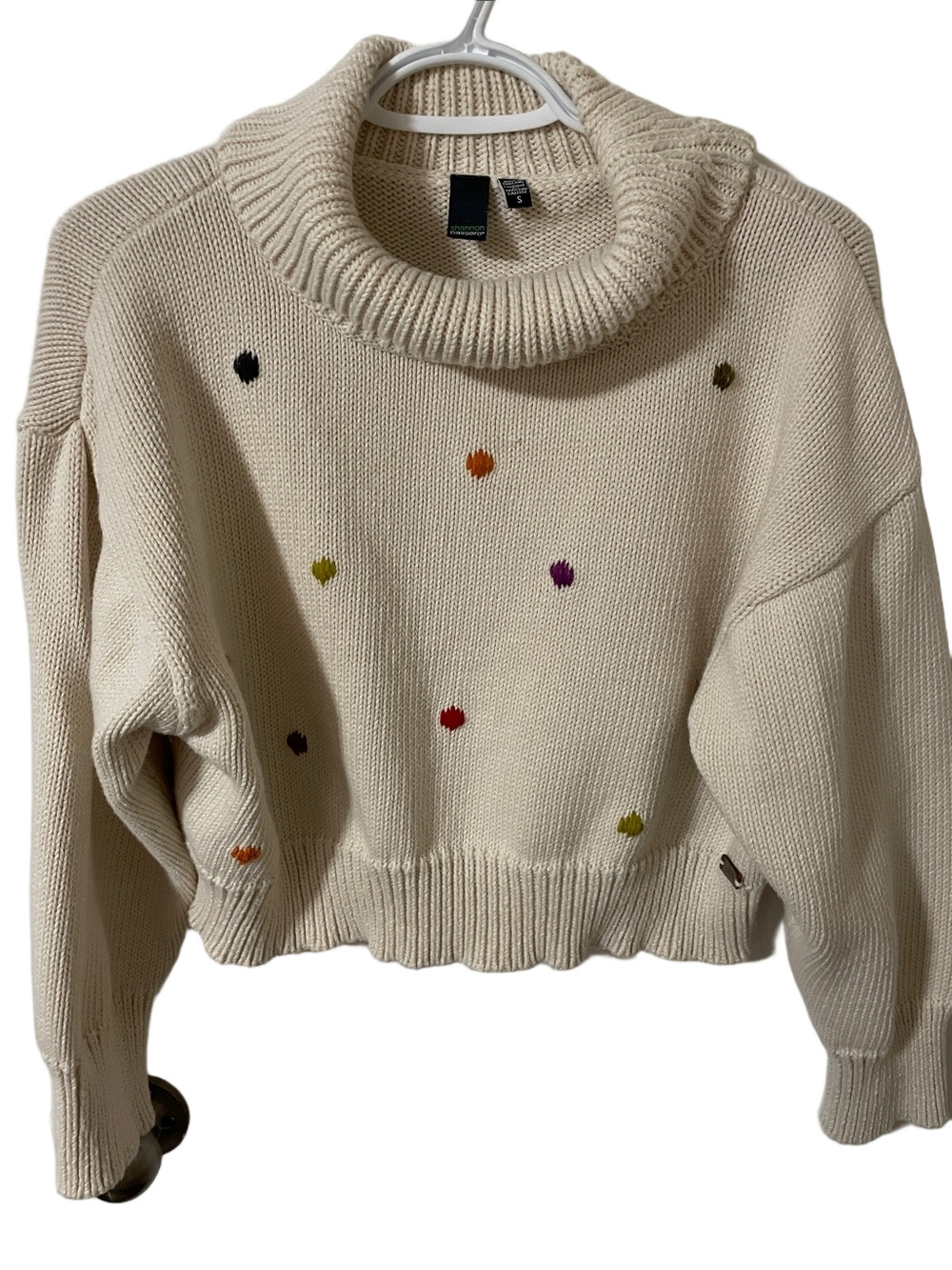 Shannon Passero Cropped Cream Turtleneck Sweater with Multicolour Dots Size M